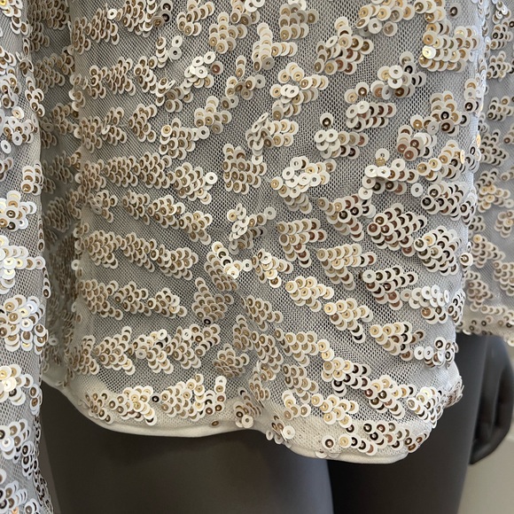 Express Top Women’s M Ivory Sequin Blouse Puff Sleeve Sheer Gold Square Neck - Picture 4 of 11